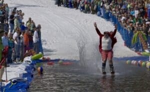 The pond skim is an annual tradition at Killington. (John Everett/Killington Mountain Resort)