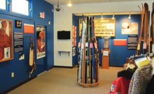 Vintage skis on display at the New England SKi Museum.